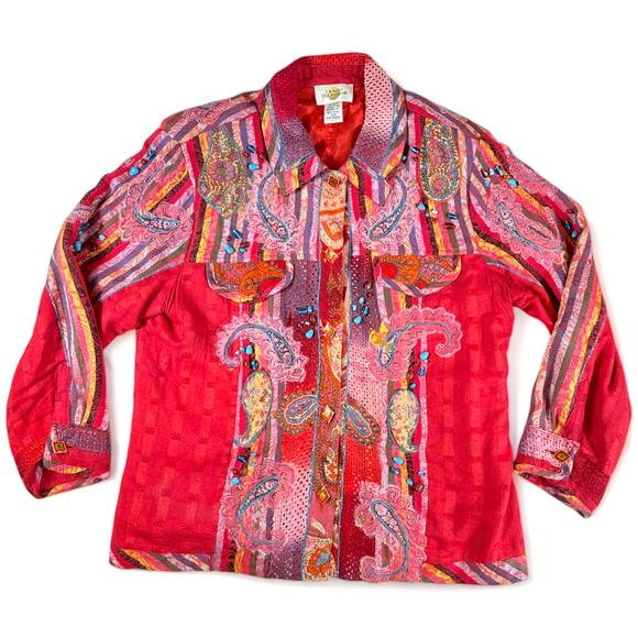 Vintage Funky Red Collage Patterned Crochet Beaded Jacket L Sandy Starkman - Picture 1 of 6